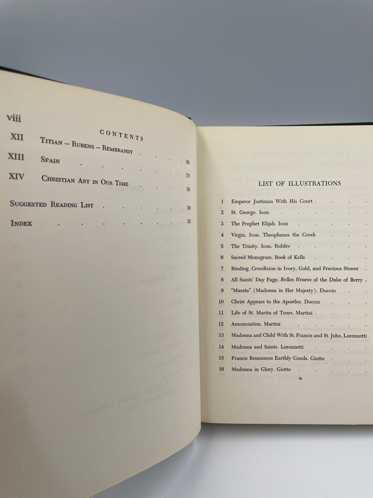 Page with table of contents and page with list of illustrations content from 'Christianity in Art' by Frank and Dorothy Getlein