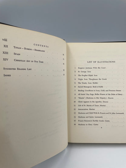 Page with table of contents and page with list of illustrations content from 'Christianity in Art' by Frank and Dorothy Getlein