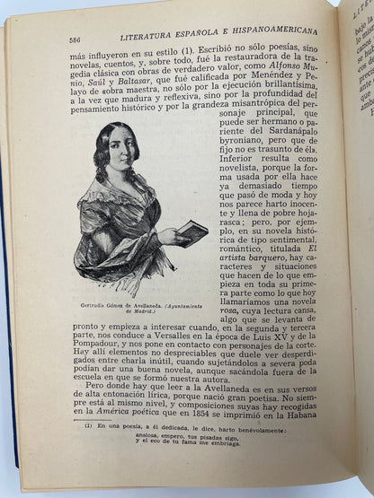 Random page 586 with an illustration of a woman holding a book and some text from ‘Historia de la Literatura Española e Hispanoamericana’.