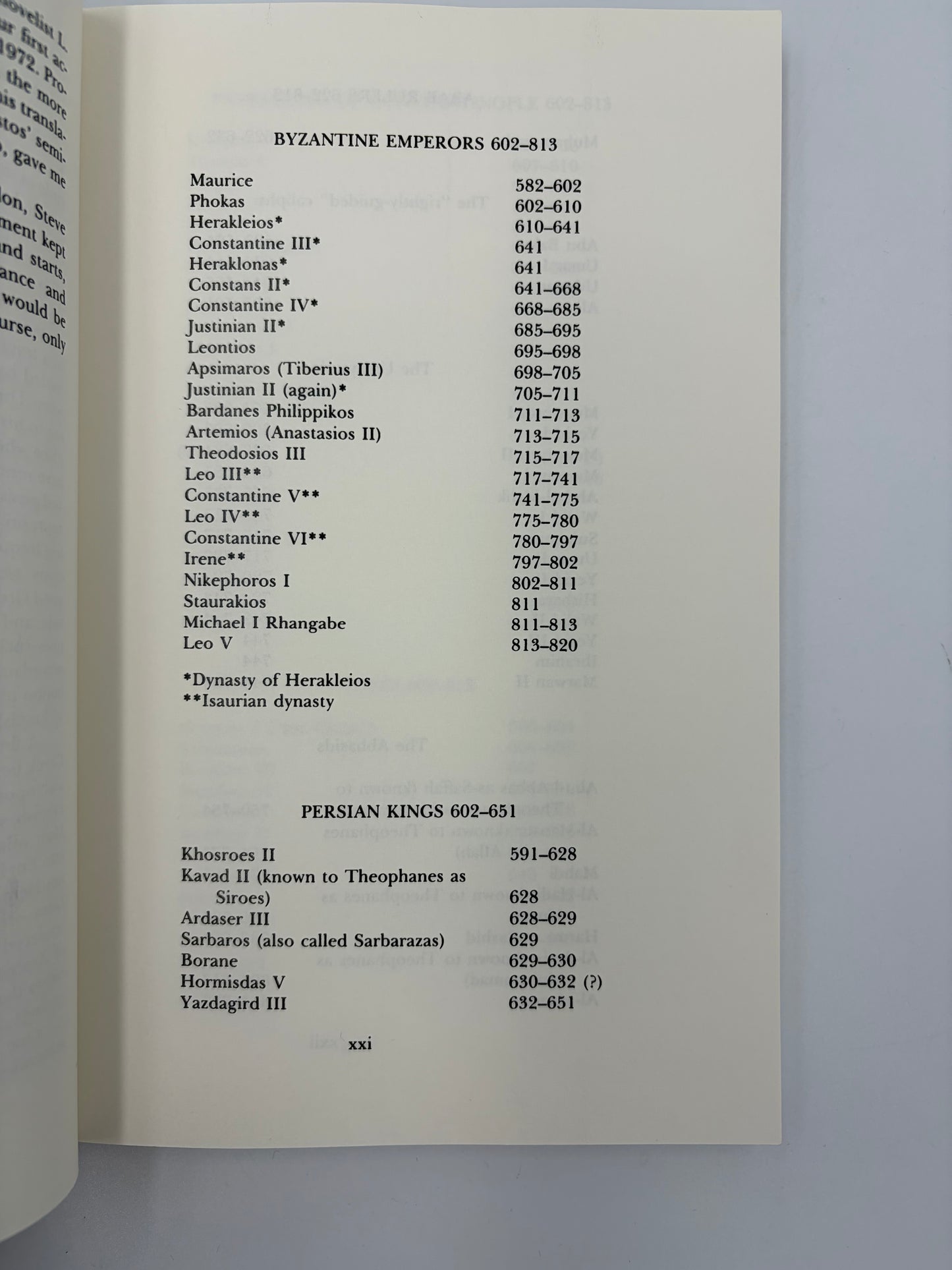 Page showing timeline of Byzantine Emperors and Persian kings from 'The Chronicle of Theophanes' by H.Turtledove.