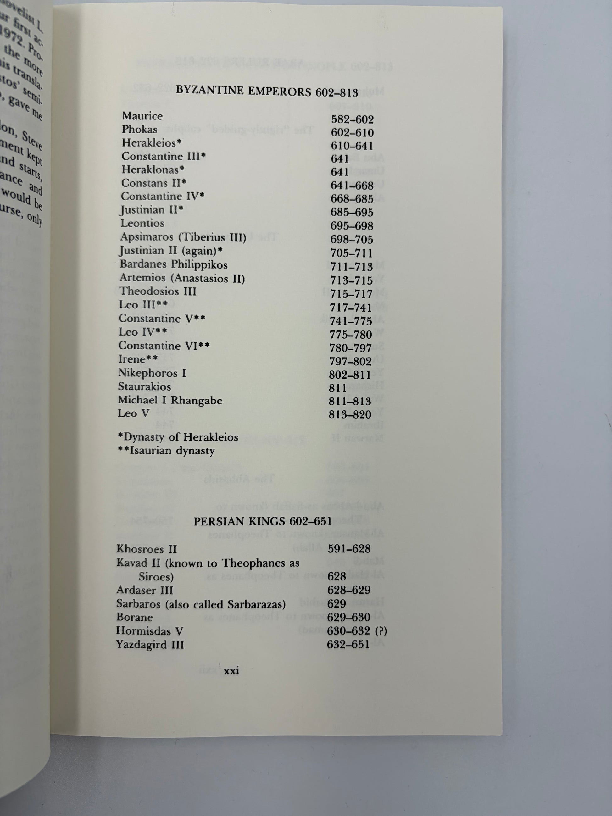 Page showing timeline of Byzantine Emperors and Persian kings from 'The Chronicle of Theophanes' by H.Turtledove.