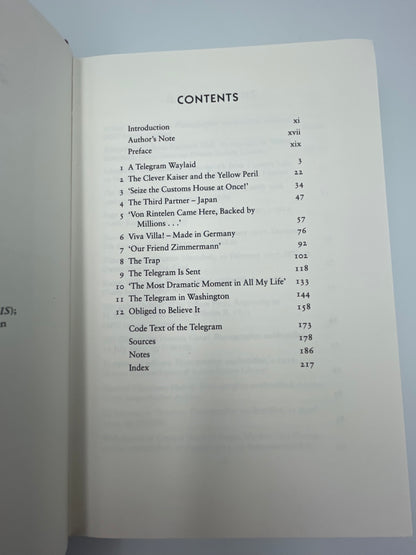 Contents page of "The Zimmermann Telegram" by Barbara Tuchman 
