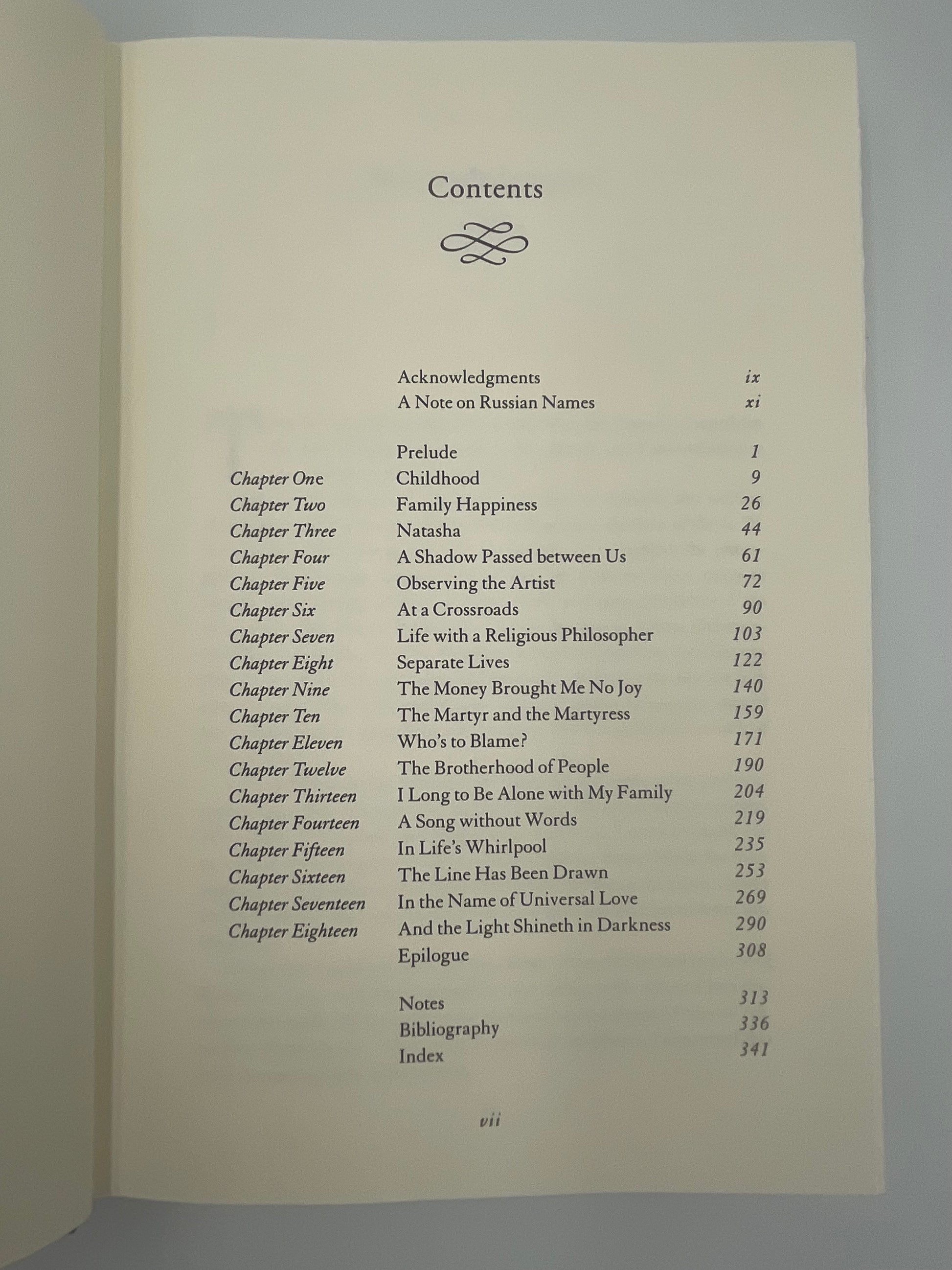 Contents page of ‘Sophia Tolstoy. A Biography’ by A. Popoff 