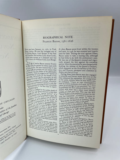 Biographical note page from "Francis Bacon: Advancement of Learning, Novum Organum, New Atlantis".