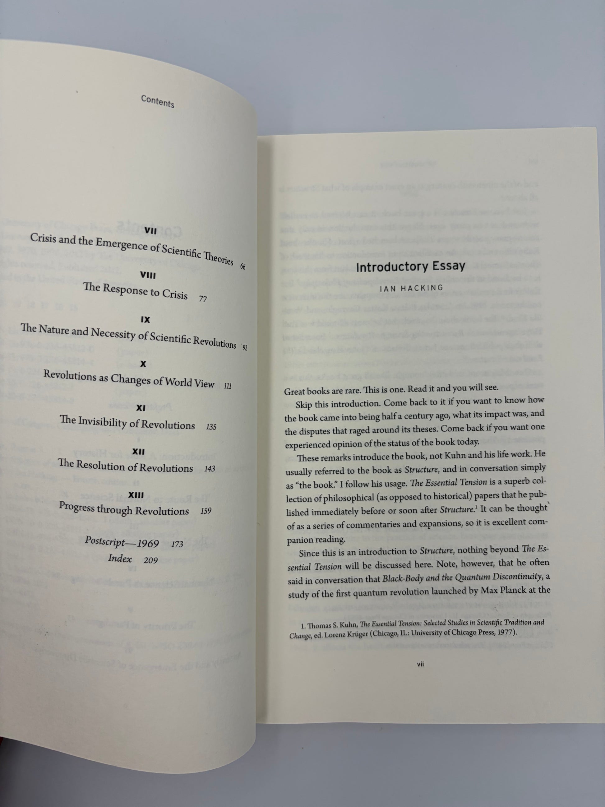 Table of contents page continued plus introductory essay page by Ian Hacking from 'The Structure of Scientific Revolutions' by Thomas S. Kuhn.