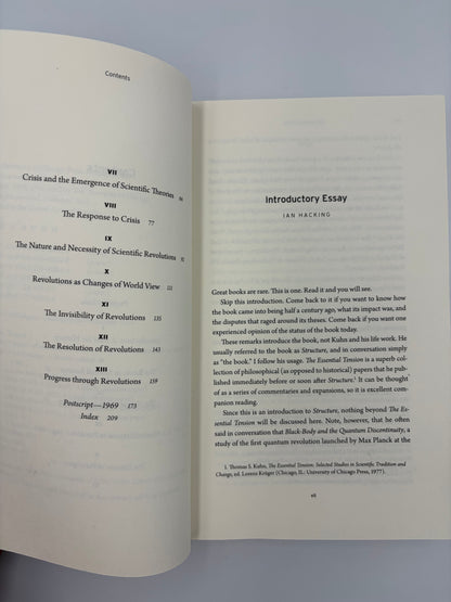 Table of contents page continued plus introductory essay page by Ian Hacking from 'The Structure of Scientific Revolutions' by Thomas S. Kuhn.