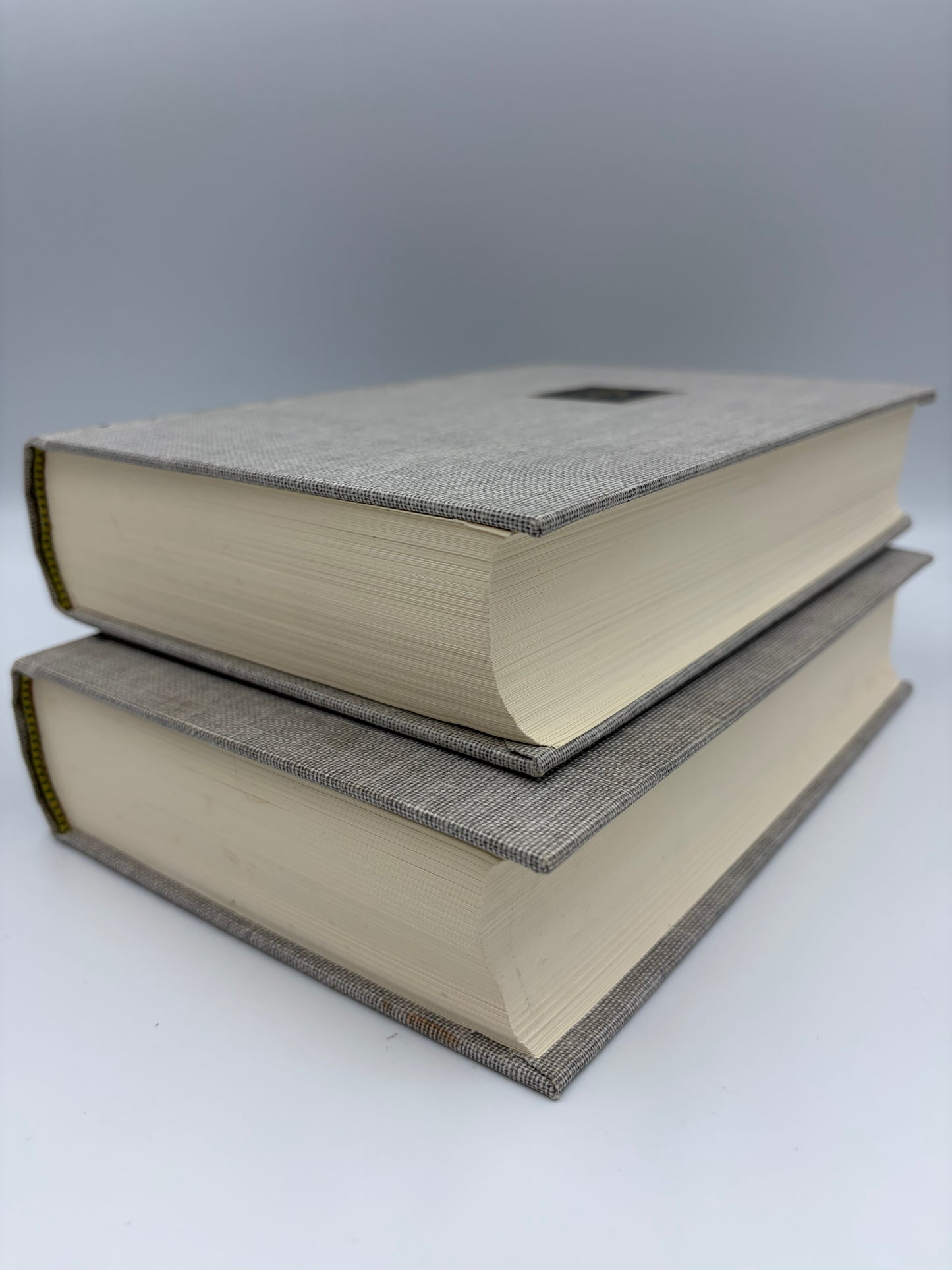 Two stacked books with textured covers on a white background.