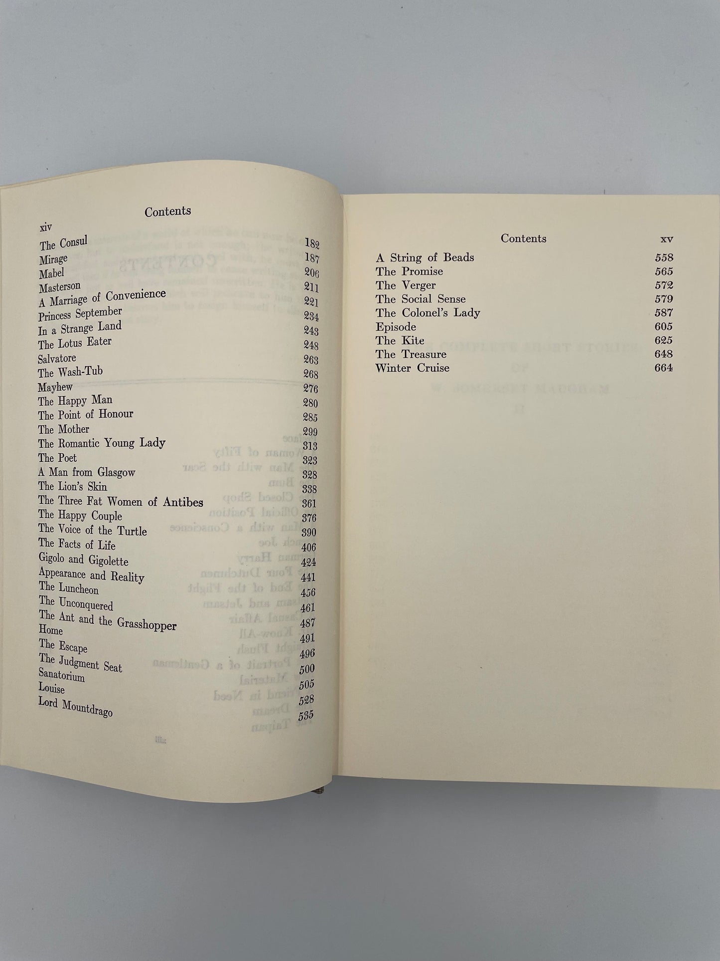 Contents pages continued from, 'The Complete Short Stories of W. Somerset Maugham Volume 2 – The World Order'. 