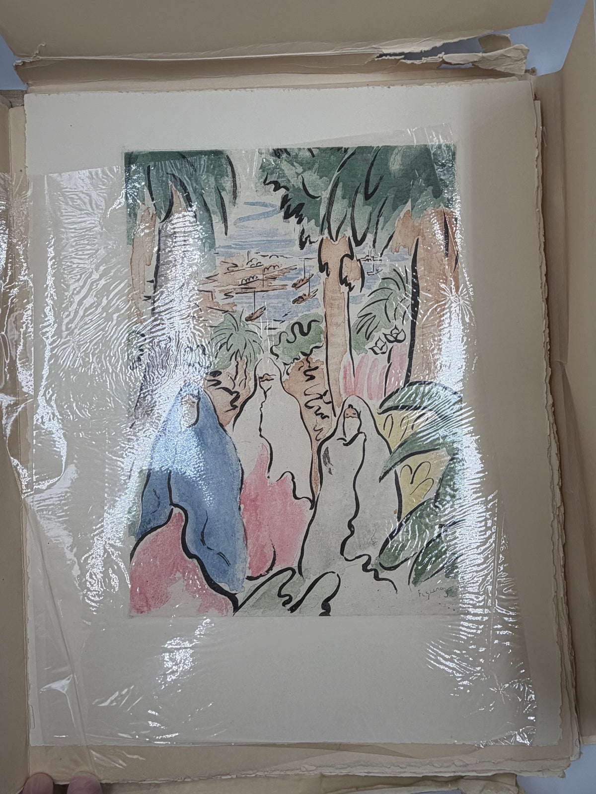 Frontispiece with protective sheet from the art portfolio 'Images d'Alger' by Alfred Figueras and Andre Gide. 