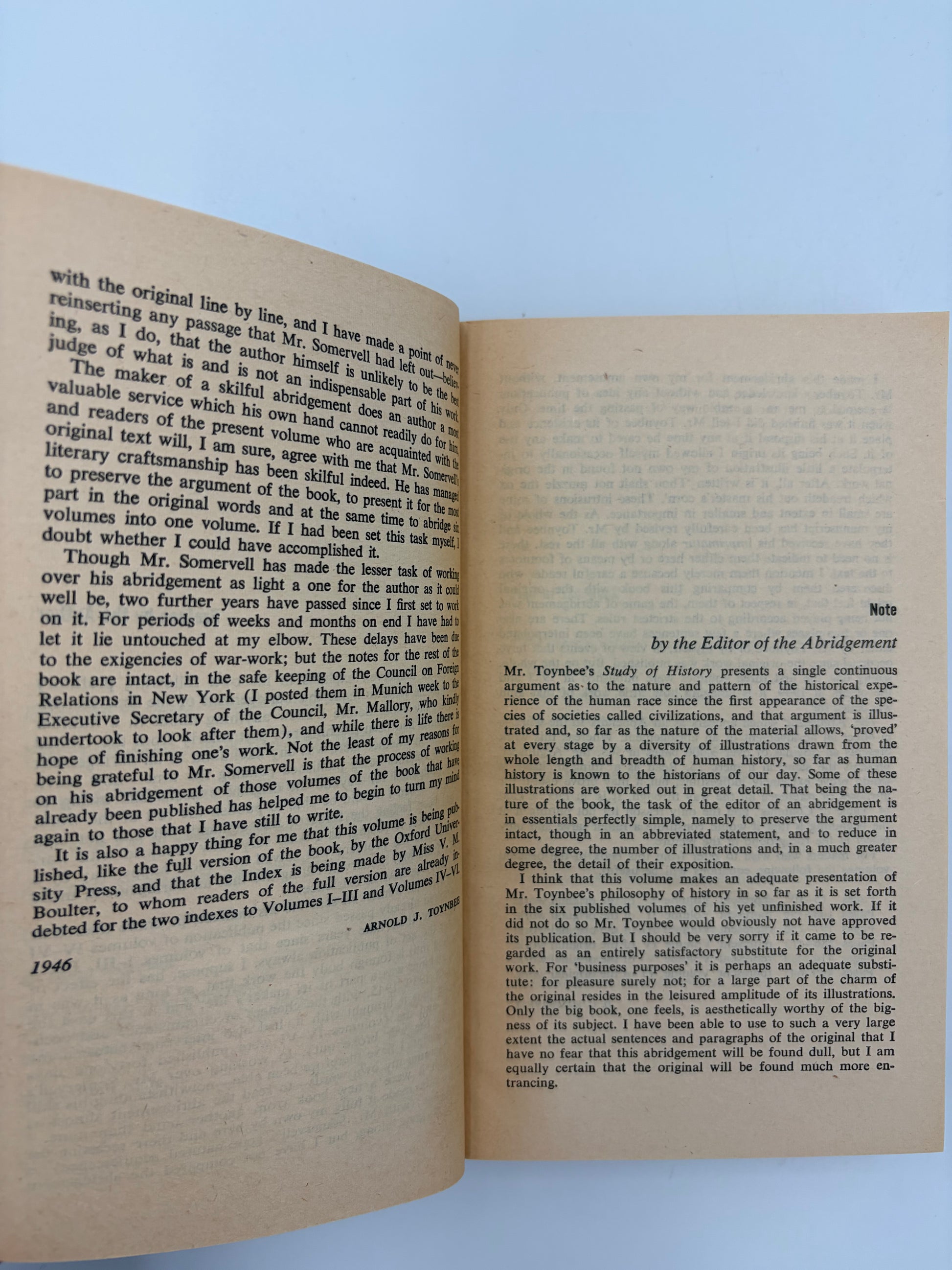 Preface page and editorial note page from ‘A Study of History’ by Arnold J.Toynbee - 2 Volume Abridged Set.