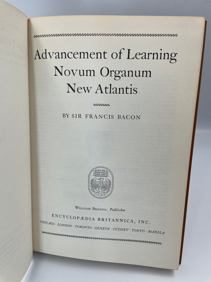 Title page of "Francis Bacon: Advancement of Learning, Novum Organum, New Atlantis".