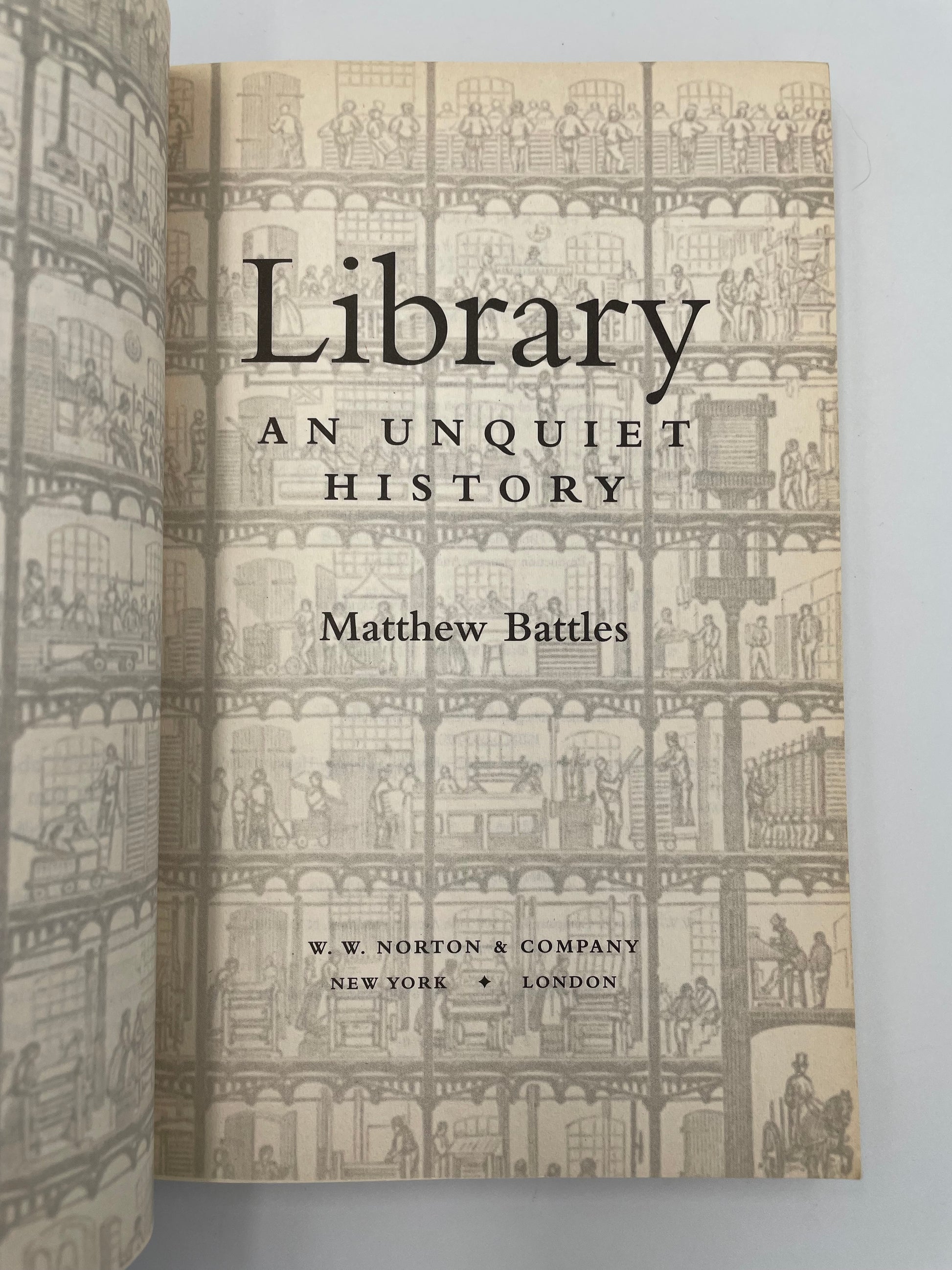 Title page of 'Library: An Unquiet History' by Matthew Battles with a decorative pattern.