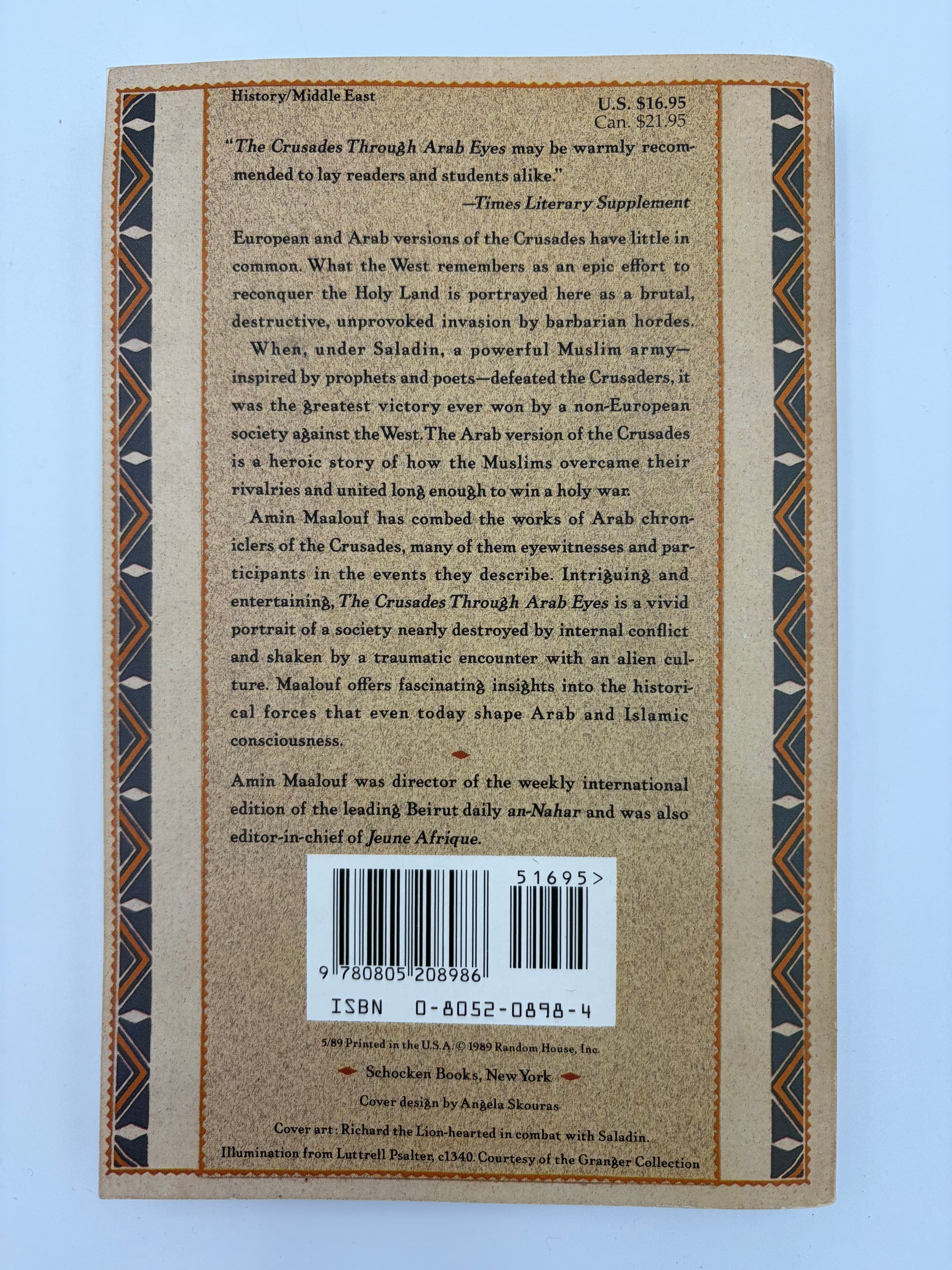 Back book cover of “The Crusades through Arab eyes”.