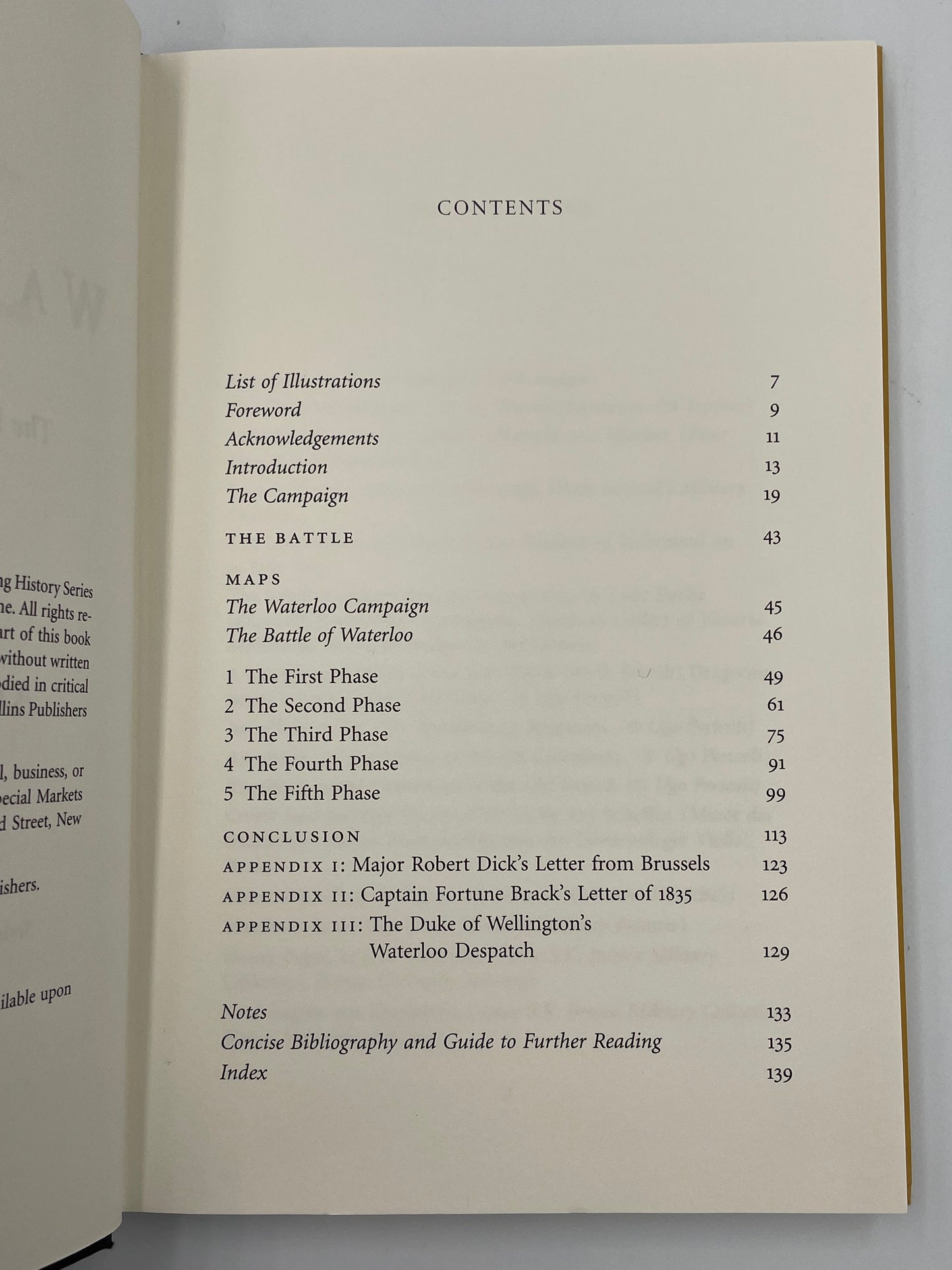 Table of contents page from 'Waterloo' by Andrew Roberts.