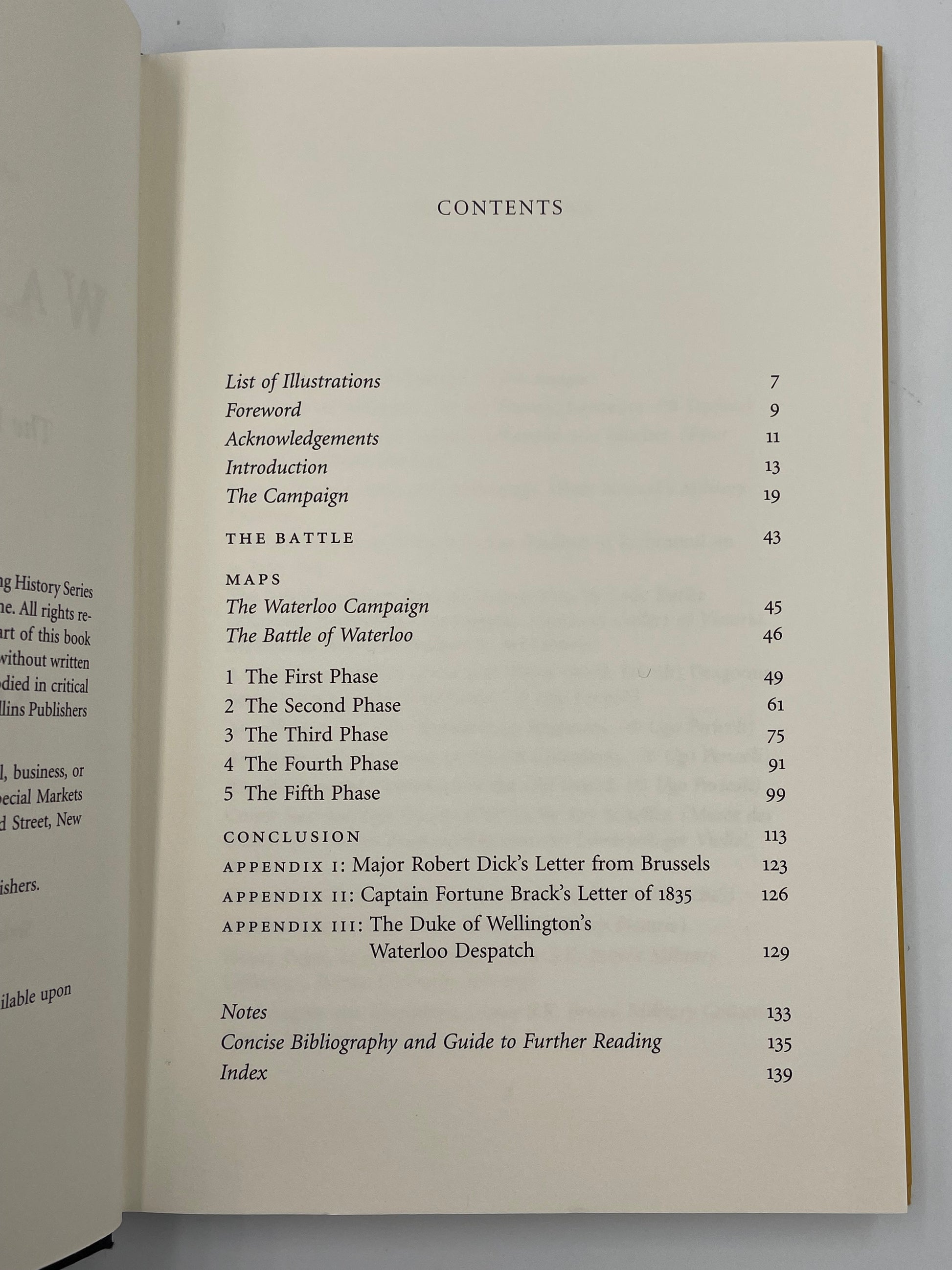 Table of contents page from 'Waterloo' by Andrew Roberts.