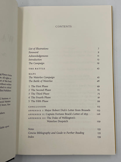 Table of contents page from 'Waterloo' by Andrew Roberts.