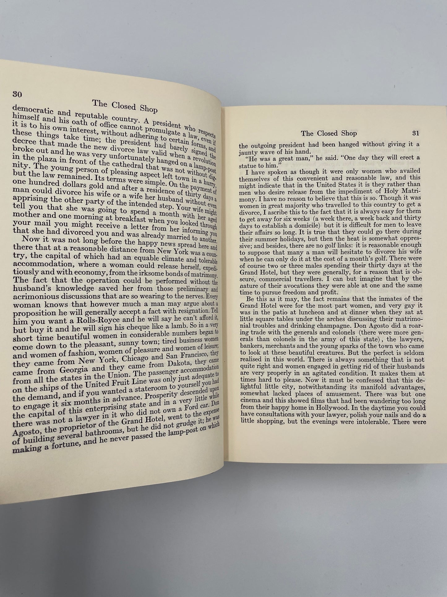 Short story called. 'The Closed Shop'  continued from, 'The Complete Short Stories of W. Somerset Maugham Volume 2 – The World Order'. 