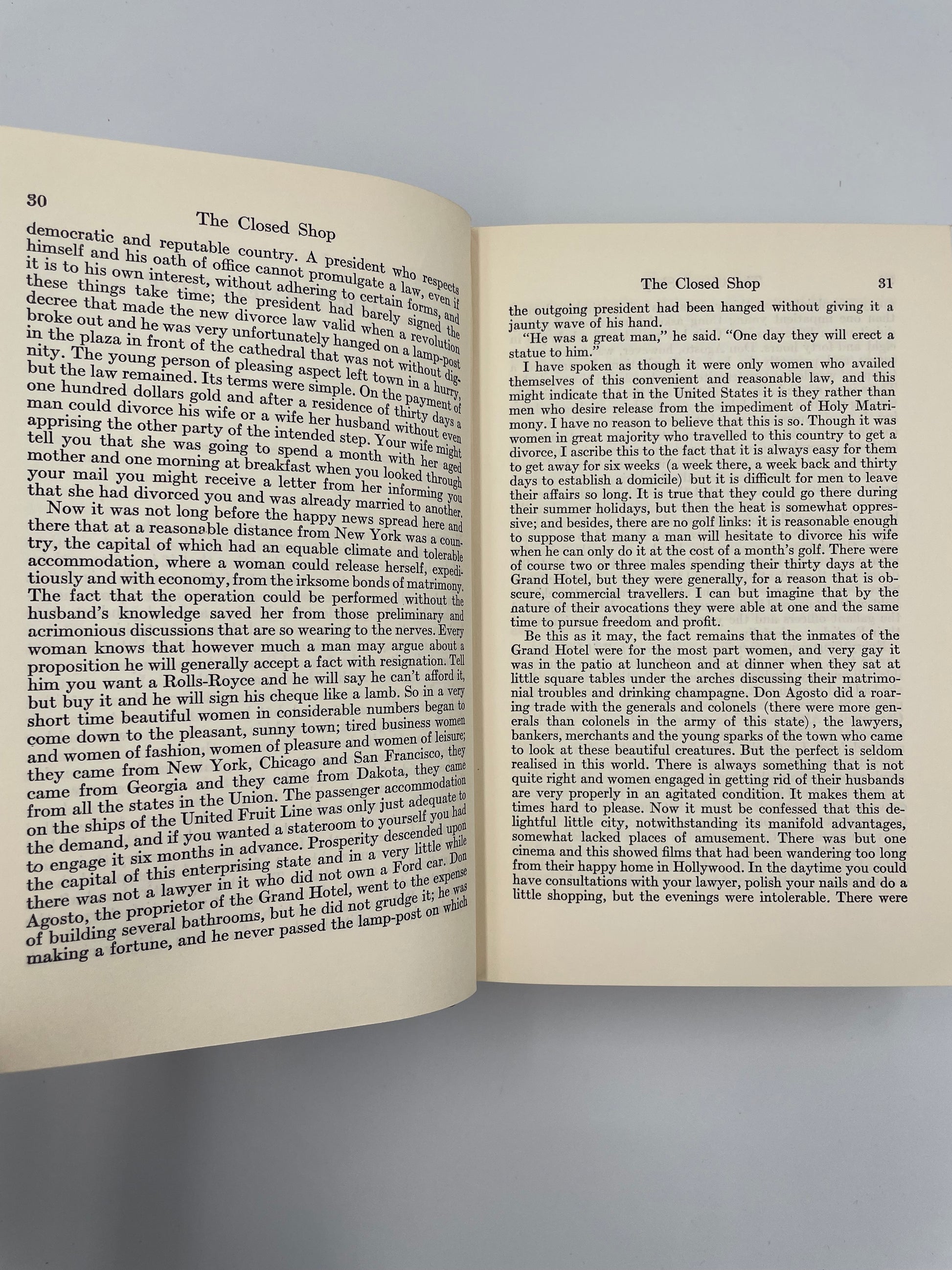 Short story called. 'The Closed Shop'  continued from, 'The Complete Short Stories of W. Somerset Maugham Volume 2 – The World Order'. 