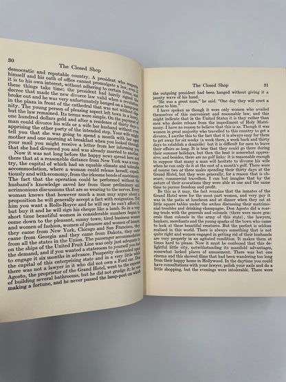 Short story called. 'The Closed Shop'  continued from, 'The Complete Short Stories of W. Somerset Maugham Volume 2 – The World Order'. 
