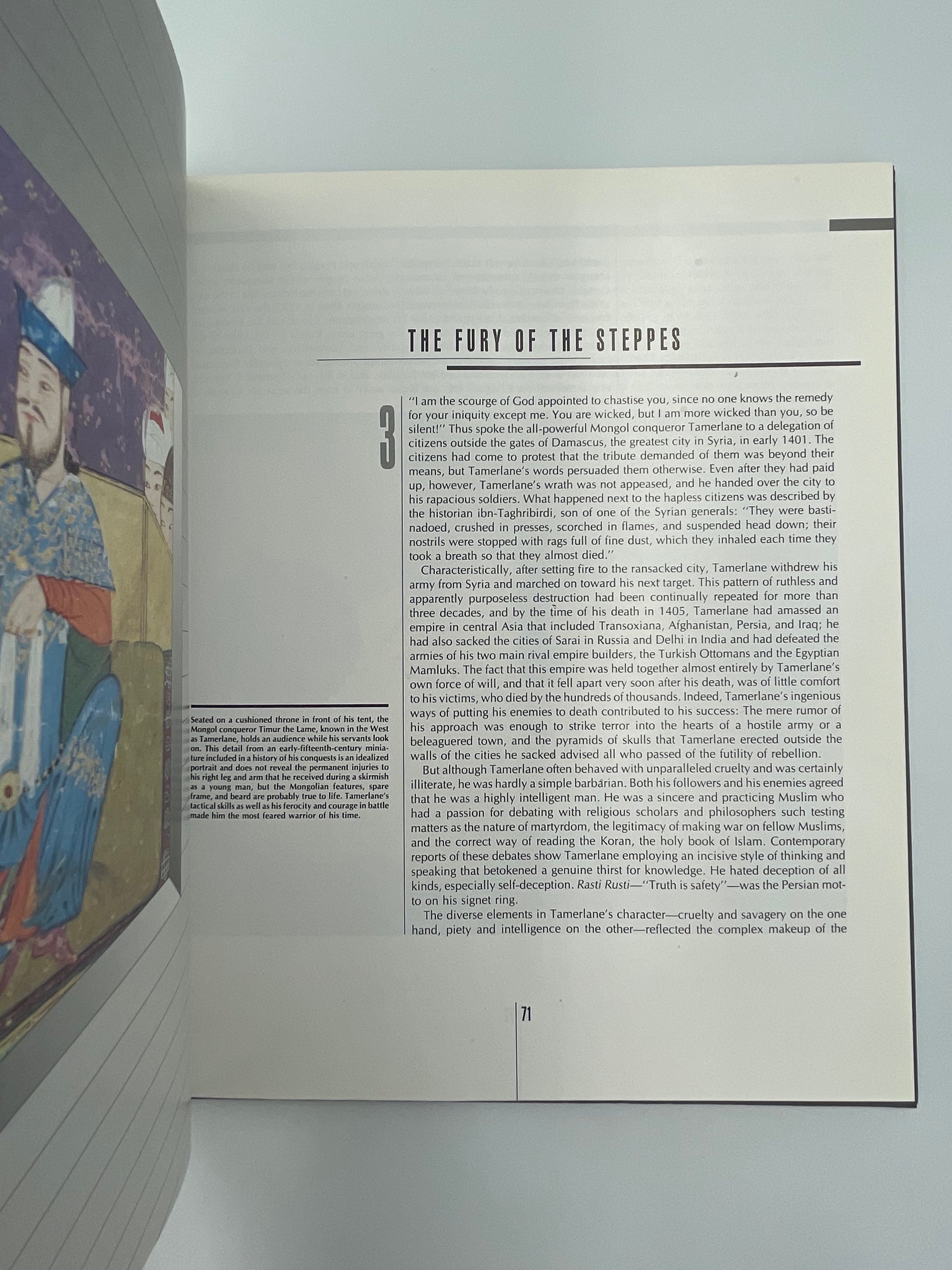 Inside page of book  'Time Frame A.D. 1300-1400'  with text and a colorful illustration on a gray background