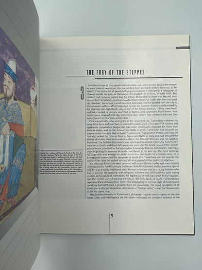 Inside page of book  'Time Frame A.D. 1300-1400'  with text and a colorful illustration on a gray background
