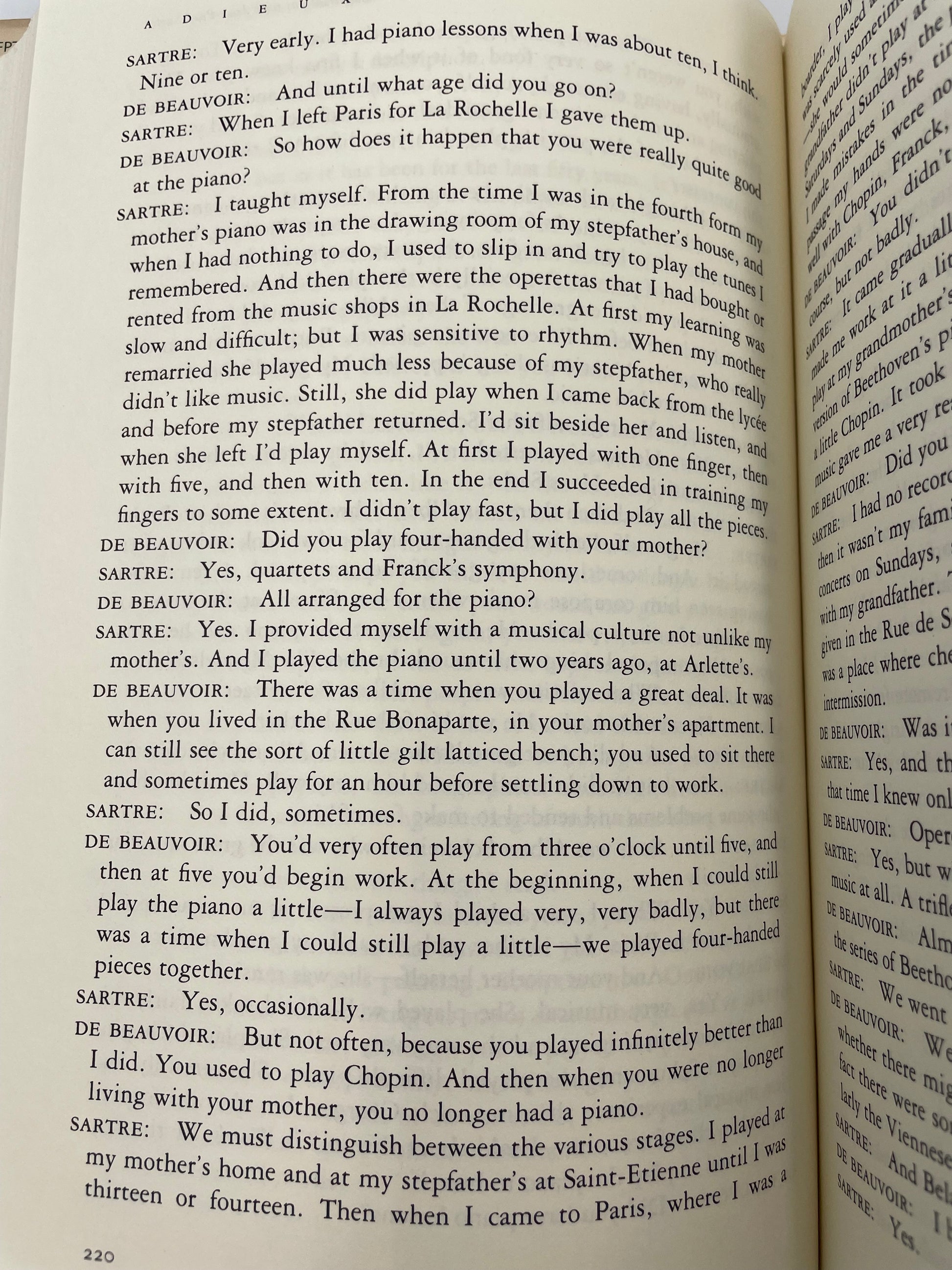 Random page 220 from book ‘Adieux: A Farewell to Sarte’ by Simone de Beauvoir.