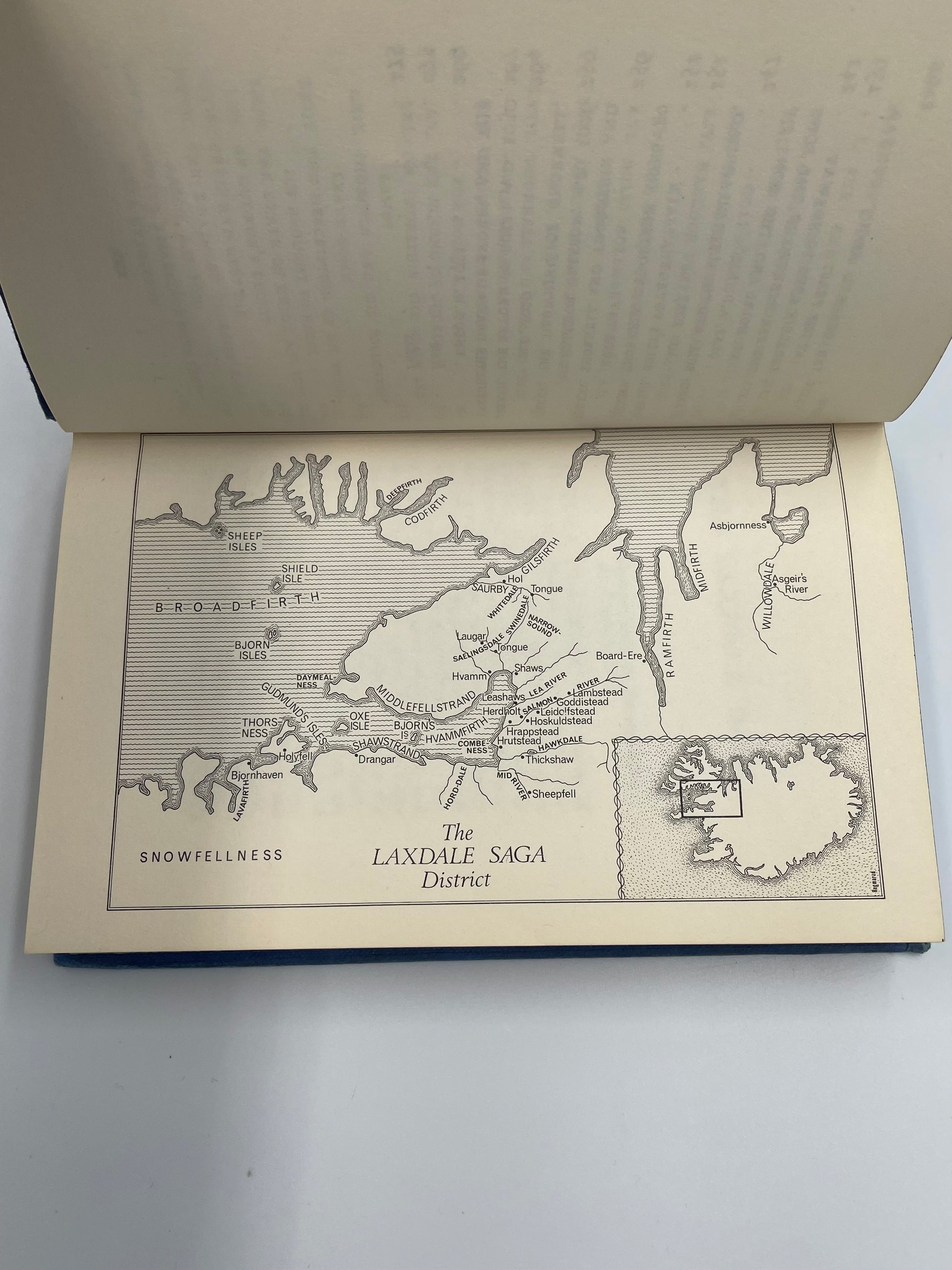 Map inside an open book titled 'The Laxdale Saga District' on a white background