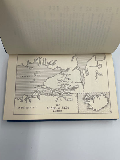 Map inside an open book titled 'The Laxdale Saga District' on a white background